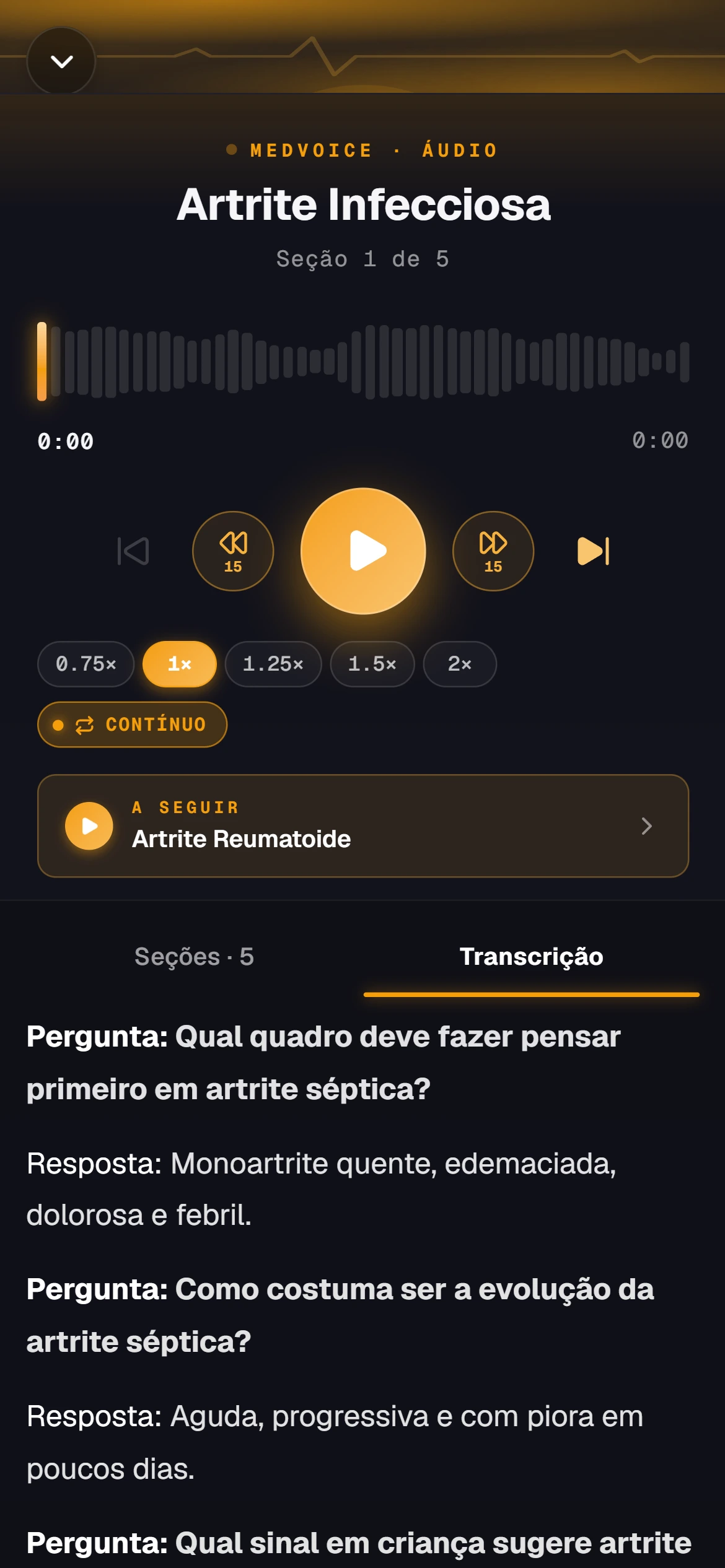 Tela do AudioCards com a transcrição aberta enquanto o áudio toca.